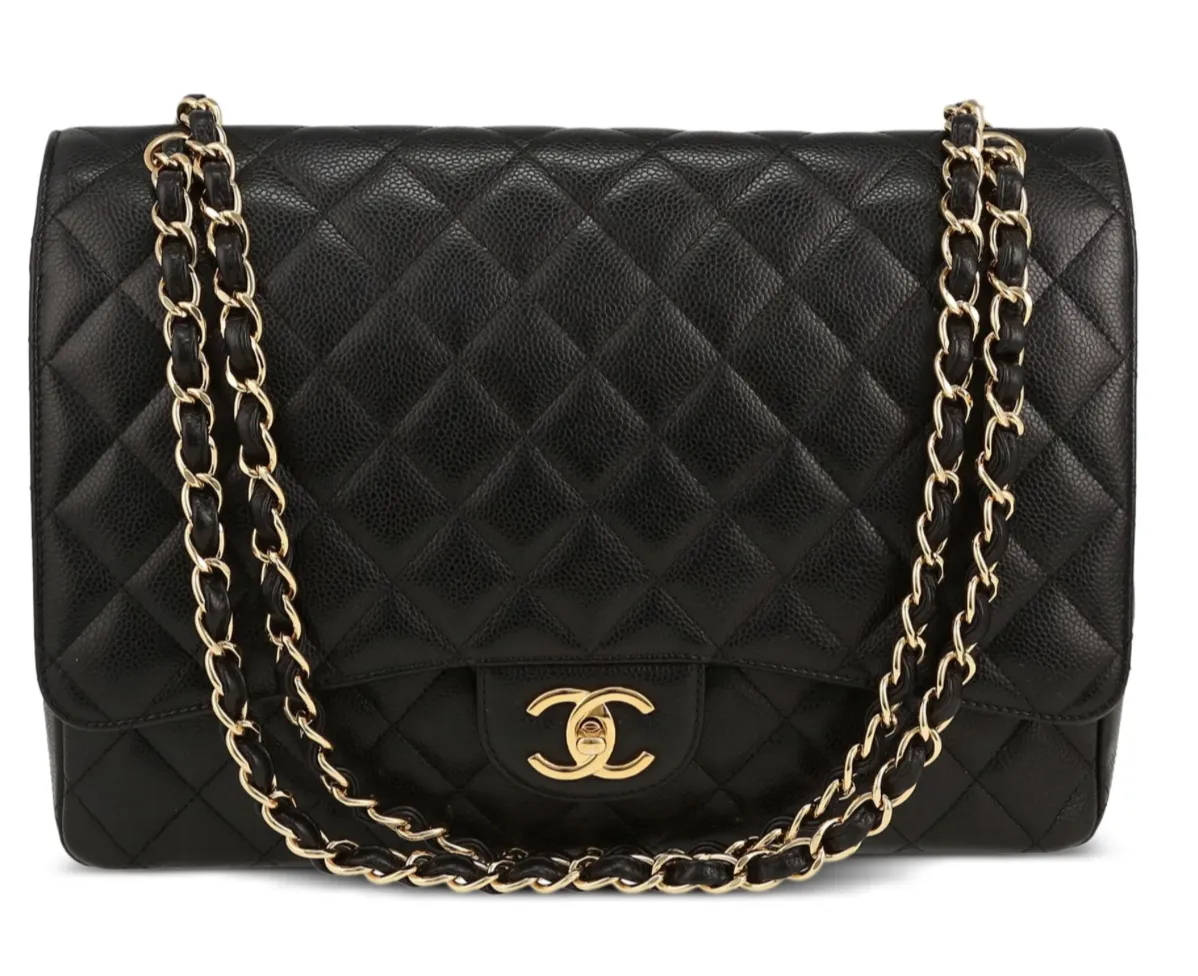 CHANEL CLASSIC DOUBLE FLAP QUILTED CAVIAR GOLD-TONE MAXI BLACK